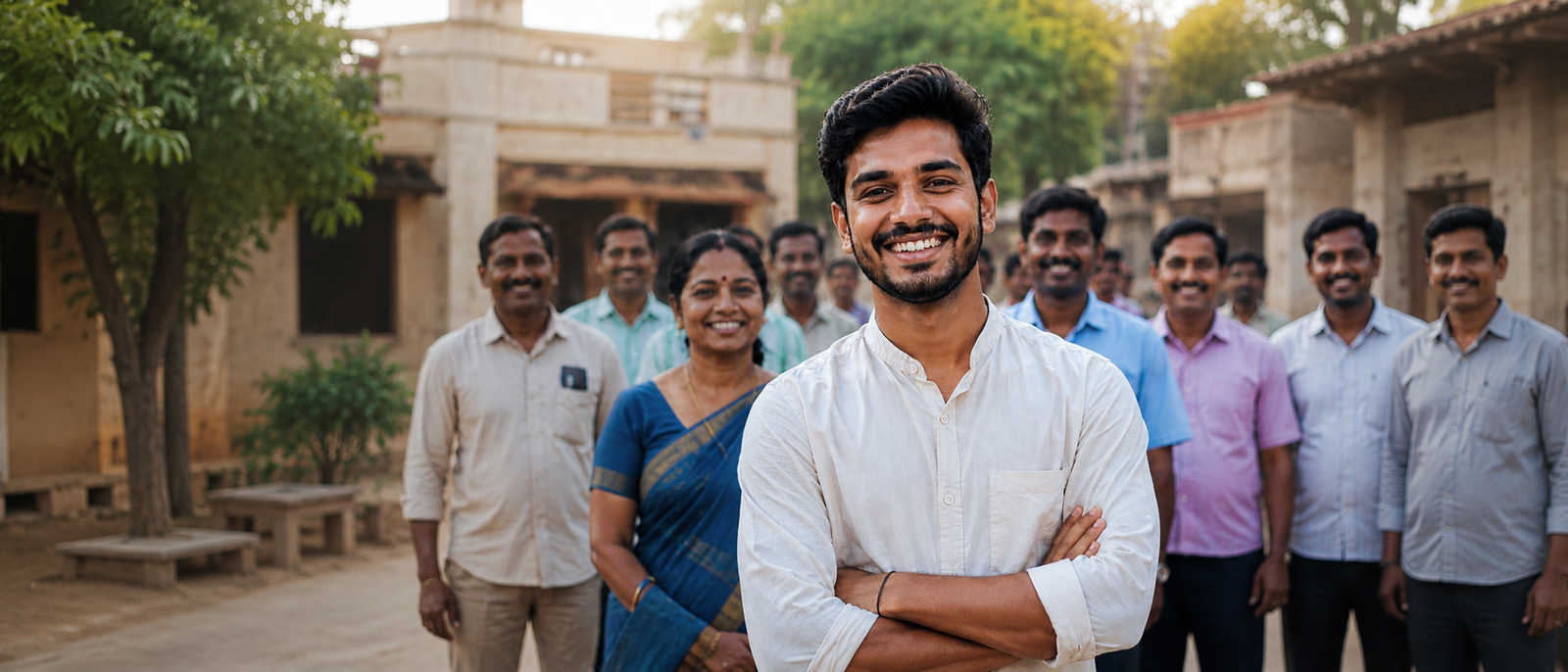 A smiling community group standing together outdoors